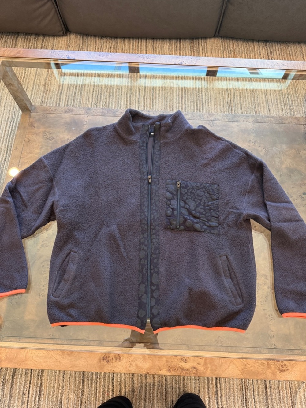 Monrow Navy Full-Zip Fleece with Patterned Chest Pocket and Orange Trim